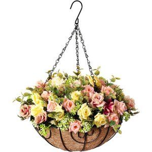Fall Hanging Flowers Basket, Artificial Rose Flowers in 12 inch Coconut Lining